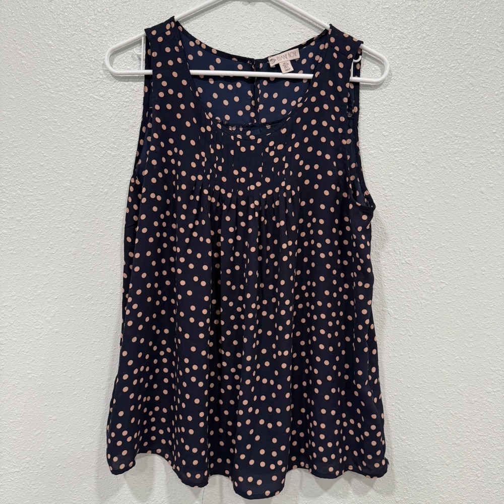 Eliane Rose Navy Pink Polka‎ Dot Sleeveless Pleated Keyhole Top Womens Large